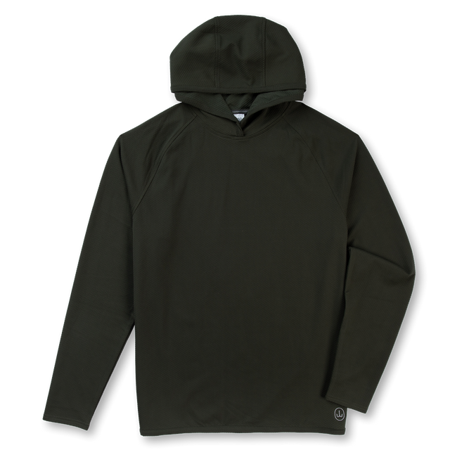 A dark olive green hooded long-sleeve shirt with raglan sleeves, shown flat against a white background.