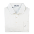 A folded white polo shirt with a pointed collar, two-button placket, and a left chest pocket featuring a circular embroidered logo, shown on a plain white background.