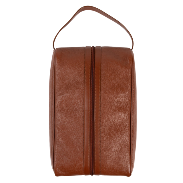 A brown pebbled leather zippered bag with a top handle, shown against a plain white background.