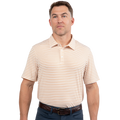 Man wearing a beige and orange striped polo shirt on a white background