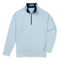 A light blue long-sleeve quarter-zip pullover with a contrasting dark navy collar, displayed on a clean white background.