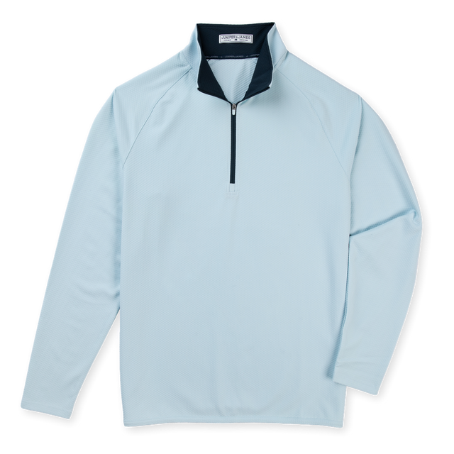 A light blue long-sleeve quarter-zip pullover with a contrasting dark navy collar, displayed on a clean white background.