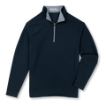 A dark navy blue long-sleeve quarter-zip pullover with a contrasting light gray inner collar, shown on a plain white background.