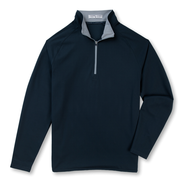 A dark navy blue long-sleeve quarter-zip pullover with a contrasting light gray inner collar, shown on a plain white background.