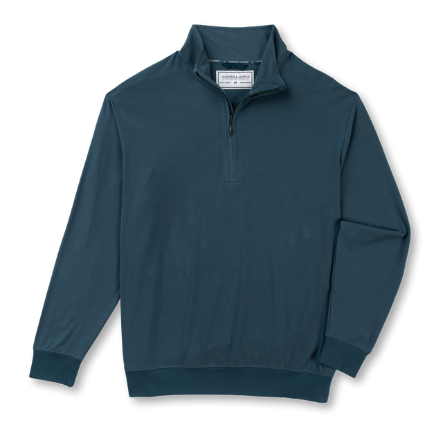 A dark teal long-sleeve quarter-zip pullover sweatshirt with a mock neck collar, displayed flat against a white background.