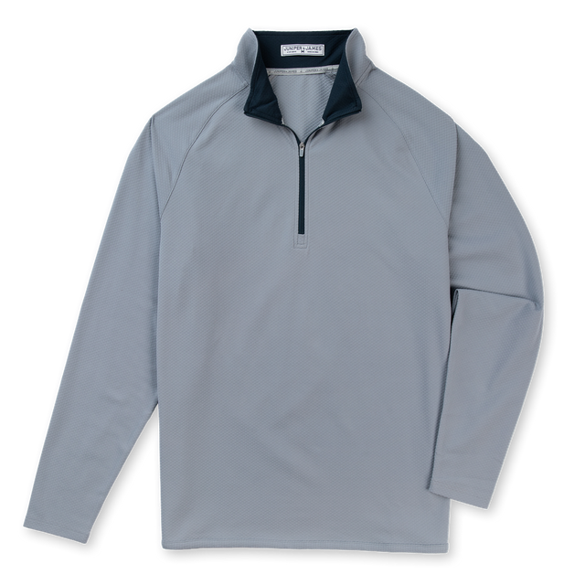 A light gray long-sleeve quarter-zip pullover with a dark navy collar, shown flat against a white background.