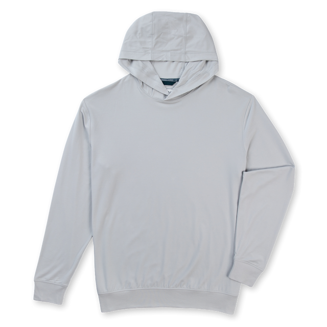 A light gray pullover hoodie with a drawstring hood and ribbed cuffs and hem, displayed flat against a white background.