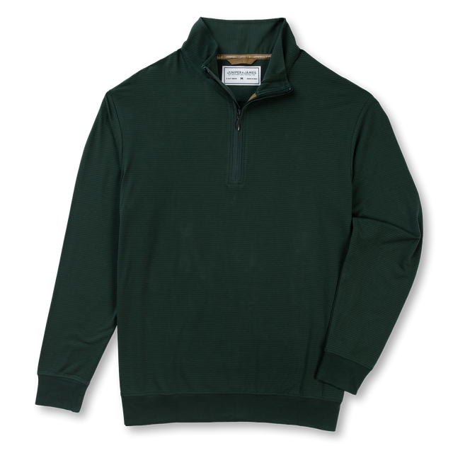 Green and white stripe quarter zip pullover shot on transparent background. 