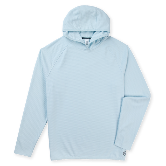 A light blue hooded long-sleeve athletic top shown flat against a solid white background.