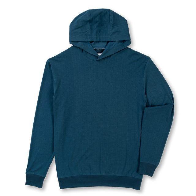 A dark teal hooded sweatshirt with a subtle vertical ribbed texture, displayed flat against a solid white background.