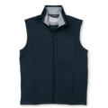 A dark navy ribbed fleece vest with a stand-up collar, front zipper, and zippered chest pocket, shown flat on a white background.