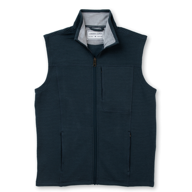 A dark navy ribbed fleece vest with a stand-up collar, front zipper, and zippered chest pocket, shown flat on a white background.