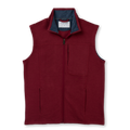 A sleeveless zip-front vest in deep burgundy with a stand collar, shown flat against a solid white background.