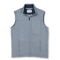 A sleeveless zip-front vest in a light blue-gray color with subtle vertical texture, featuring a stand collar, a front chest pocket, and two vertical front hand pockets, shown on a plain white background.